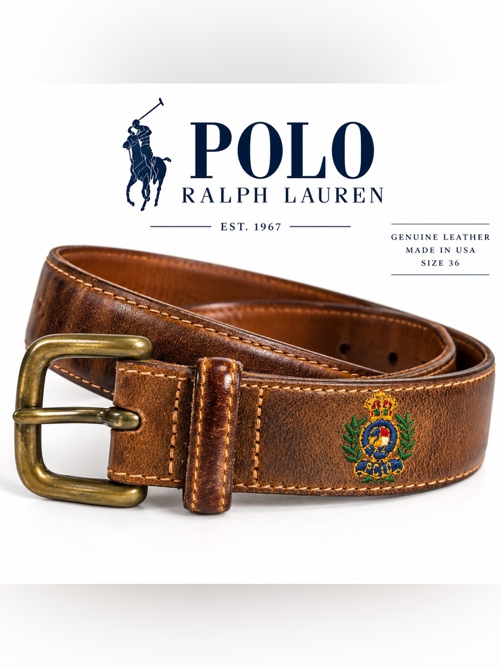 Polo Ralph Lauren Leather Belt Mens 36 Brown Embroidered Crest Made USA